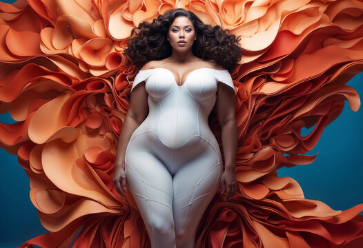 Fashion portrait of a beautiful overweight woman. Body positive, plus size concept.