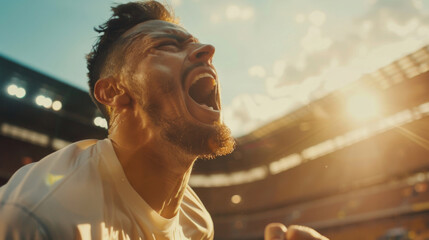 A footballer wearing a white t-shirt exuberantly celebrates victory, echoing shouts of joy amidst the grandeur of a football stadium. A passionate celebration following a victorious game.