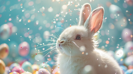 happy easter greeting card or banner with white fur bunny on blurred pastel eggs background