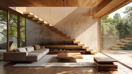 Farmhouse home interior design of modern living room with wooden staircase.