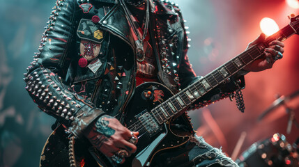 A man in a leather jacket is playing a guitar with spikes on it