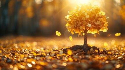 golden gold coin tree has coins as leaves that fall on ground