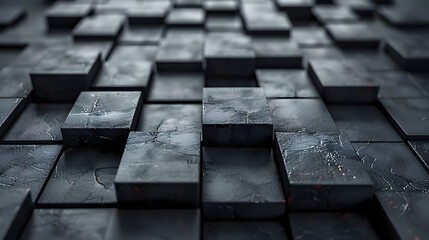 Textured 3D black cubes with contrasting highlights and shadows in an abstract pattern