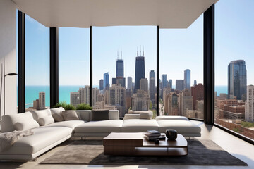 Penthouse living room or office minimalistic modern interior design, floor to ceiling windows with...