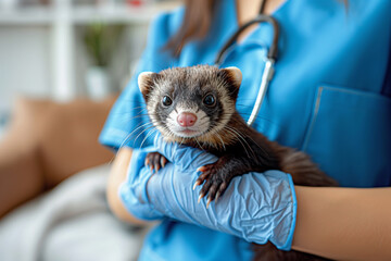 Veterinarian with a ferret in her veterinary office during a routine check-up