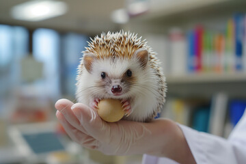 Veterinarian with a hedgehog in her veterinary office during a routine check-up