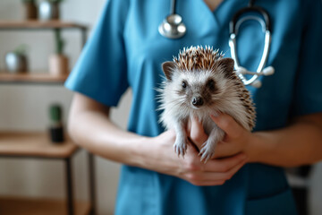 Veterinarian with a hedgehog in her veterinary office during a routine check-up