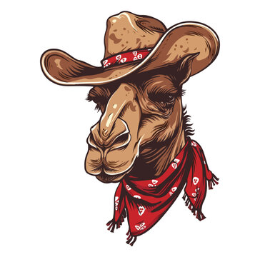 Camel Head wearing wearing cowboy hat and bandana around neck