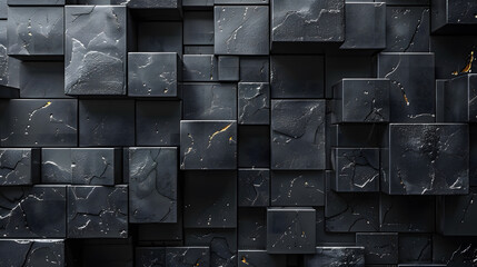 This image shows a 3D rendering of stacked black cubes with intentional imperfections and splashes of gold for contrast