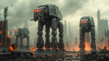 Military robots in a destroyed city. Future apocalypse concept. 3d rendering - obrazy, fototapety, plakaty