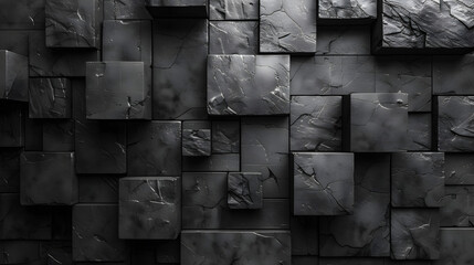 A play of shadows and textures on a structured wall with various sized black tiles suggests organized chaos