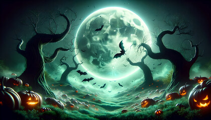 Spooky Halloween Landscape with Haunted Forest and Radiant Moon, Generative AI