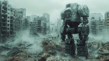 Military robots in a destroyed city. Future apocalypse concept. 3d rendering - obrazy, fototapety, plakaty