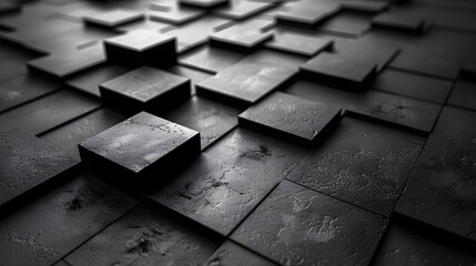 Dramatic close-up of glistening tiles with a geometric, 3D appearance, emphasizing texture