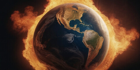 Planet earth Armageddon, land covered with fire and flames. Warning on Earth Day - obrazy, fototapety, plakaty