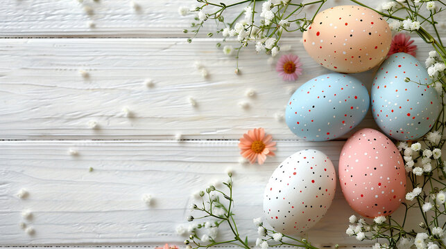 happy easter greeting card with pastel eggs and small flowers white wooden  background	