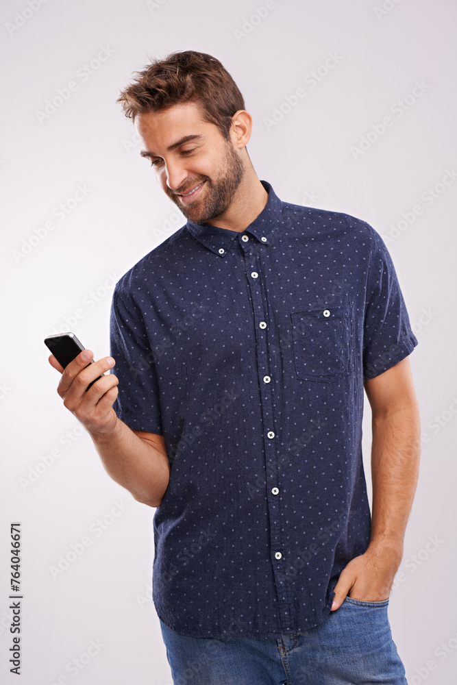 Poster networking, communication and man with phone in studio background with social media in mockup happy,