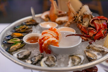 seafood platter with prawns shrimp crabs Balmain bugs oyster clams in a Sydney CBD restaurant NSW Australia 