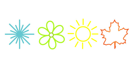 Snowflake, flower, sun and maple leaf line icons