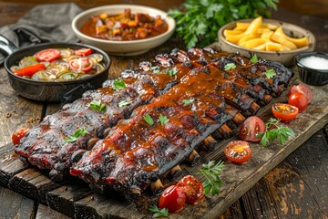 Delicious Glazed Barbecue Ribs on Wooden Board with Sides and Sauce
