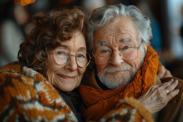 Close-up of a senior woman and man embracing tenderly, expressing love and comfort in their golden years