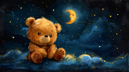 Cute cartoon bear on the moon and clouds watercolor