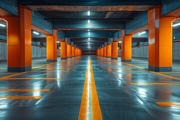 An empty indoor parking lot with symmetrically aligned spaces, featuring vibrant orange pillars and cool blue tones - Powered by Adobe
