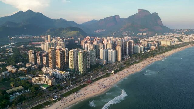 Aerial View of Barra da Tijuca Beach With Condos and Mountains in the Horizon in Rio de Janeiro, Brazil