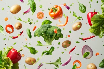 Dynamic flying of assortment fresh vegetables and herbs