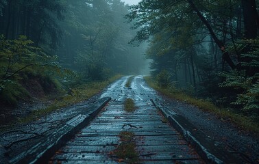 Fototapeta premium Rain-soaked wooden path in a foggy forest setting with a mysterious and moody vibe