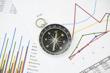 Navigation in financial world. Top view of round compass on financial papers.