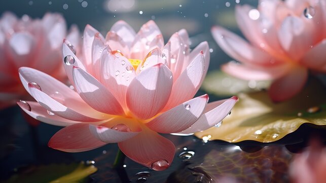 Beautiful pink lotus or water lily flowers blooming on pond with transparent water droplets and soft sun light background.