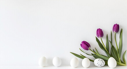 White background with purple tulips and white eggs,  copy space