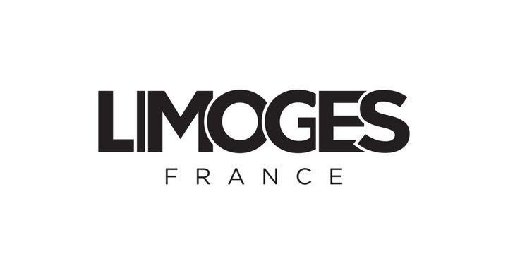 Limoges in the France emblem. The design features a geometric style, vector illustration with bold typography in a modern font. The graphic slogan lettering.