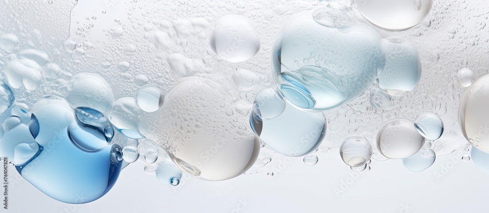 Poster a close-up capturing numerous bubbles of water, floating gently on the surface of a tranquil pool