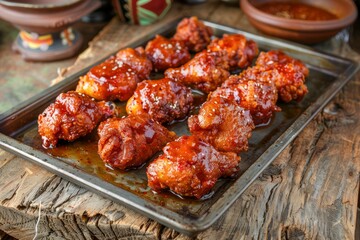 Spicy Glazed Chicken Wings on Rustic Wooden Serving Tray, Delicious Barbecue Dish Outdoor Setting, Appetizing Hot Meal