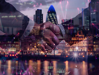 Businessmen shake hands on a city background double exposure. A businessman hands hands with another man in an office, depicting a successful deal and business collaboration concept.