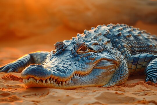 A serene image featuring an alligator basking in the warm glow of sunset on a sandy beach, portraying tranquility