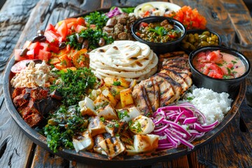 Traditional Mediterranean Feast Platter with Grilled Meat, Rice, Pita Bread, and Fresh Vegetables on Wooden Background