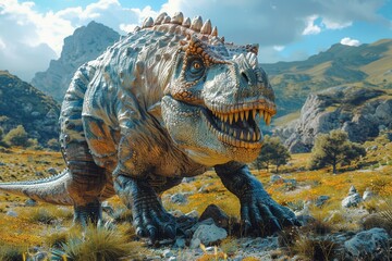 A dramatic shot of a large Ankylosaurus dinosaur model in a rocky, mountainous landscape,...