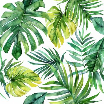 A seamless watercolor tropical leaves pattern on a white background.