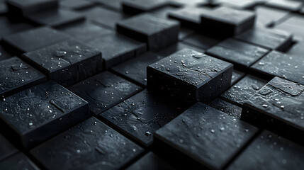 An engaging image showing a collection of black cubes with wet surfaces, creating a lively and dimensional perspective