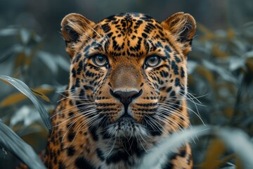 A strikingly detailed image capturing the intense and focused gaze of a leopard amidst a backdrop of blurred green foliage