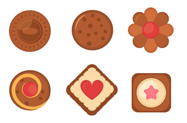 Illustration on the theme of a large set of different biscuits, a set of multi-colored confectionery cookies. Cookies consisting of collectible natural delicious food cookies, confectionery accessory.