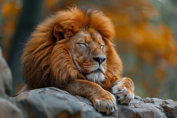 This serene moment captures a majestic lion peacefully napping on a large rock, bathed in soft light