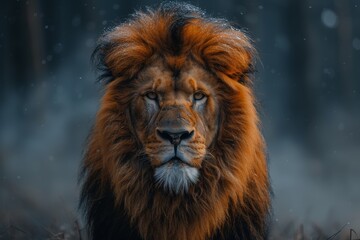 Fototapeta premium A surreal image capturing a lion with a stunning mane under snowfall, creating a magical mythical atmosphere