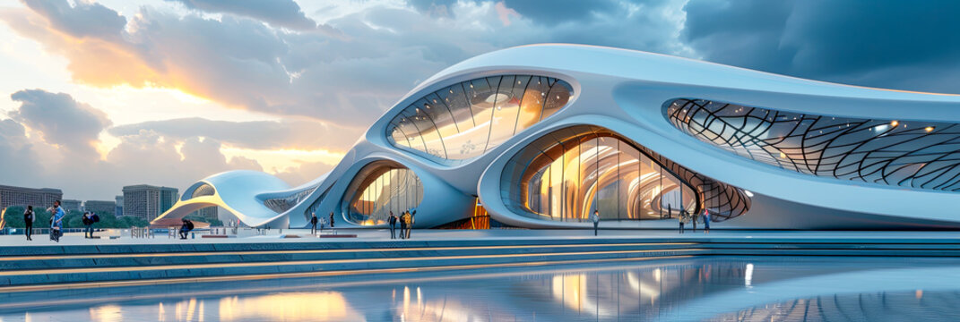 Ein futuristisches Gebäude in modern Look in Stadt der Zukunft. 