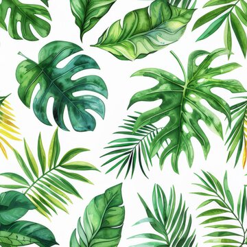 A seamless watercolor tropical leaves pattern on a white background.