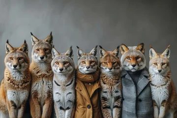  Group of foxes and lynxes standing upright with human bodies clad in autumn jackets, offering a humorous anthropomorphic twist © svastix