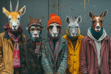 Stylish llamas dressed as humans pose trendily against industrial backgrounds for a comical, esoteric portrayal